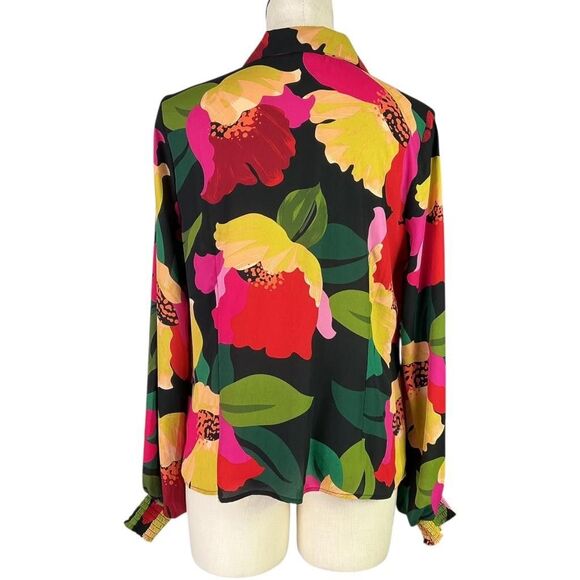 CAbi Top Women M Black Multi Flora Poppy Floral Crepe Long Sleeve Button Blouse - Picture 5 of 7